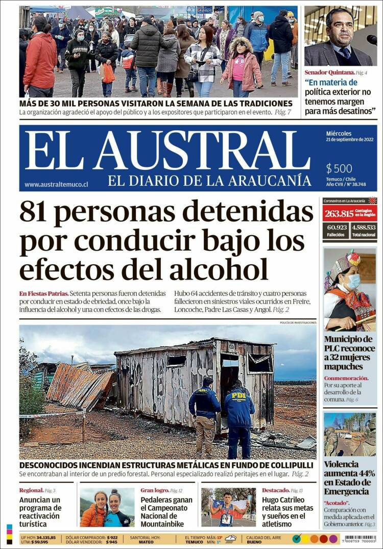 Portada de El Austral de Temuco (Chile)