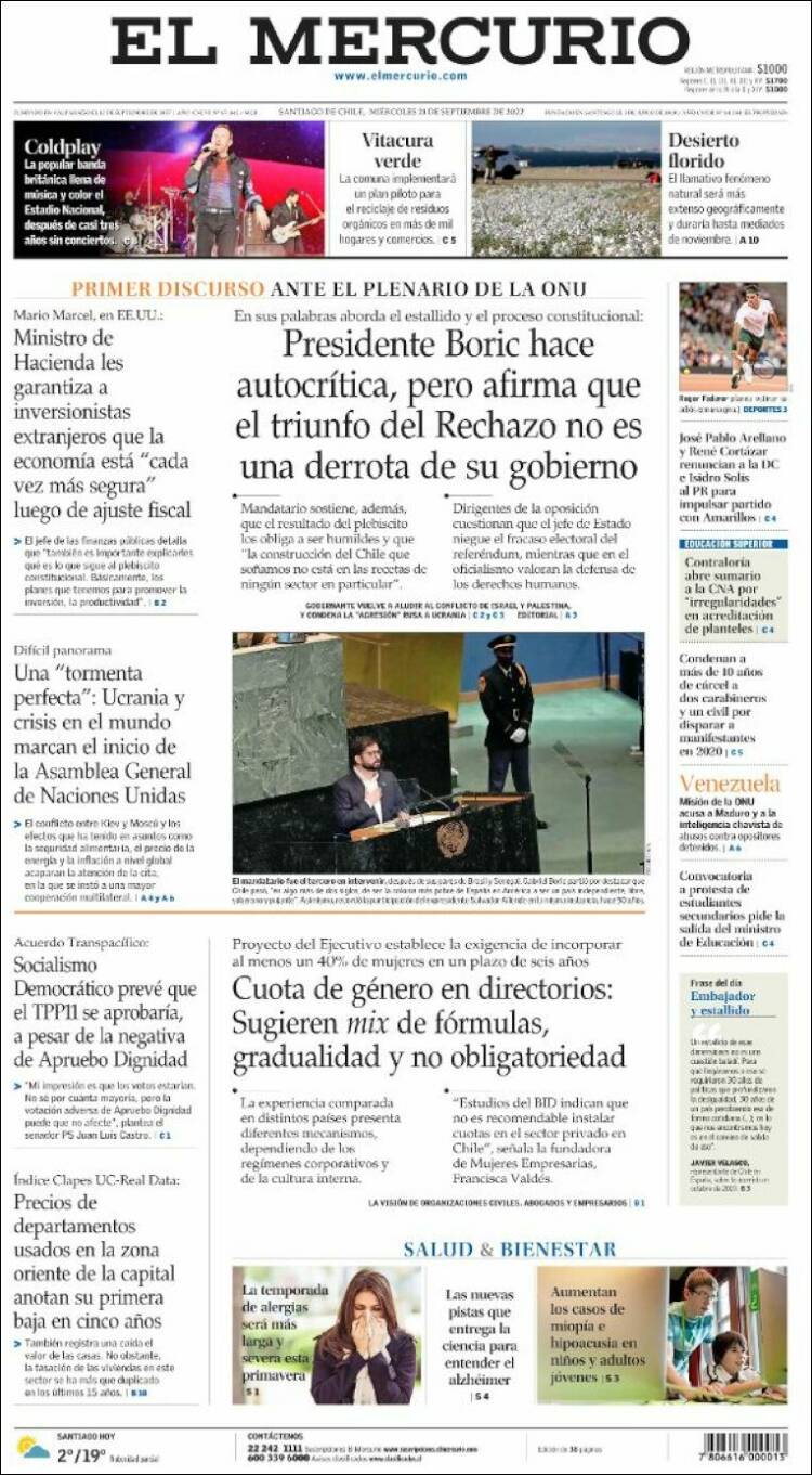 Portada de El Mercurio (Chile)