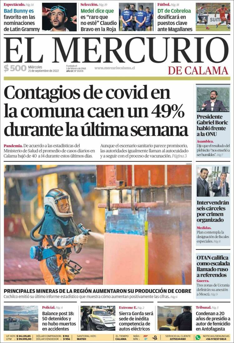 Portada de El Mercurio - Calama (Chile)