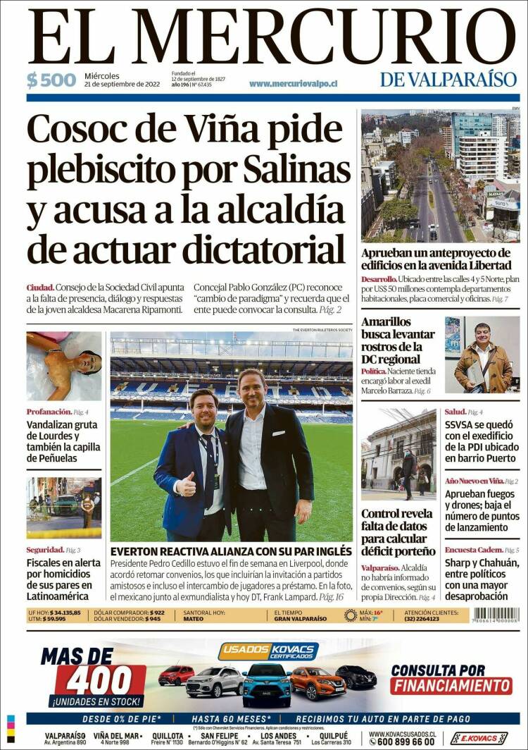 Portada de Mercurio de Valparaiso (Chile)