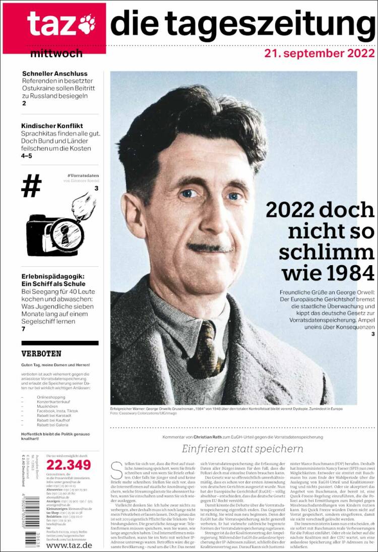 Portada de Die Tageszeitung (Alemania)