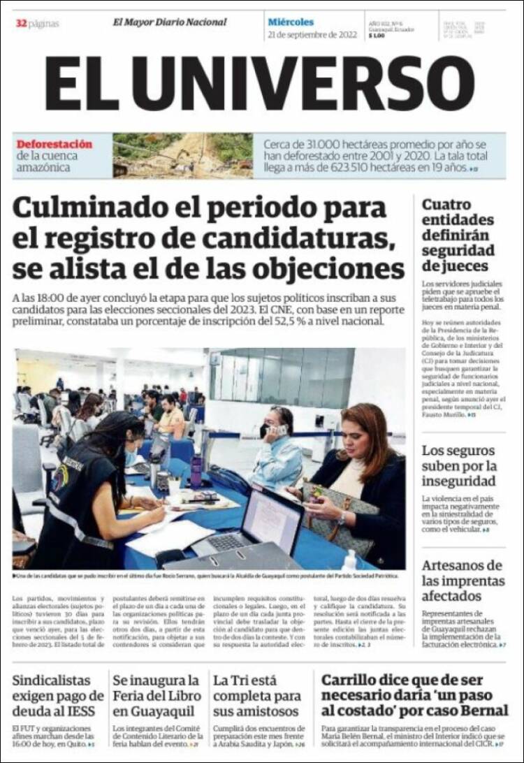 Portada de El Universo - Ecuador (Ecuador)