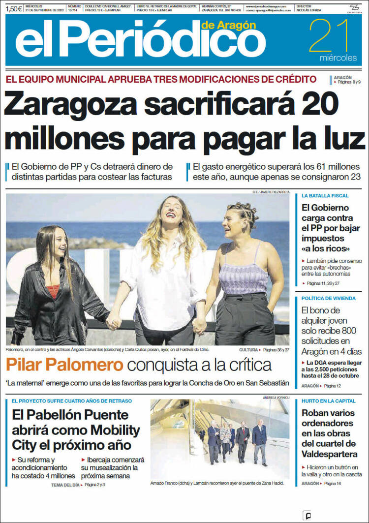 Portada de El Periódico de Aragón (España)
