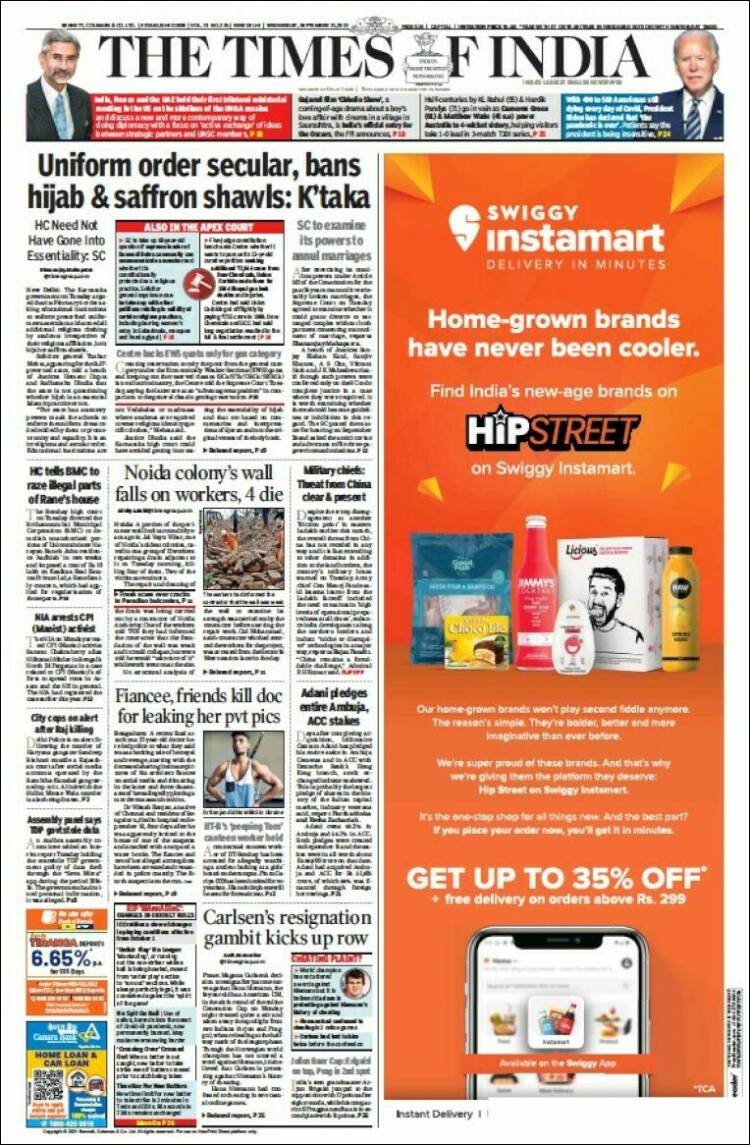 Portada de The Times of India (India)