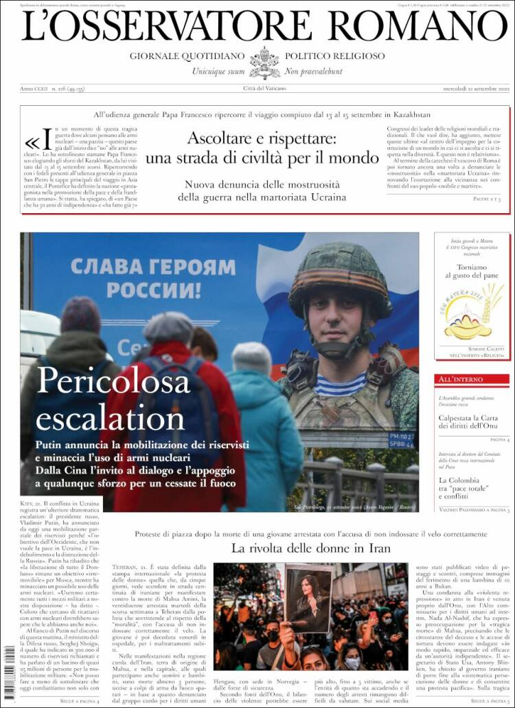 Portada de L'Osservatore Romano (Italia)