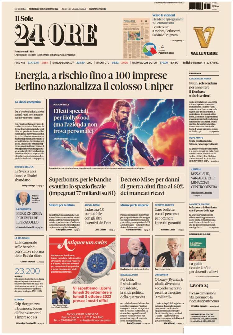 Portada de Il Sole 24 ORE (Italia)