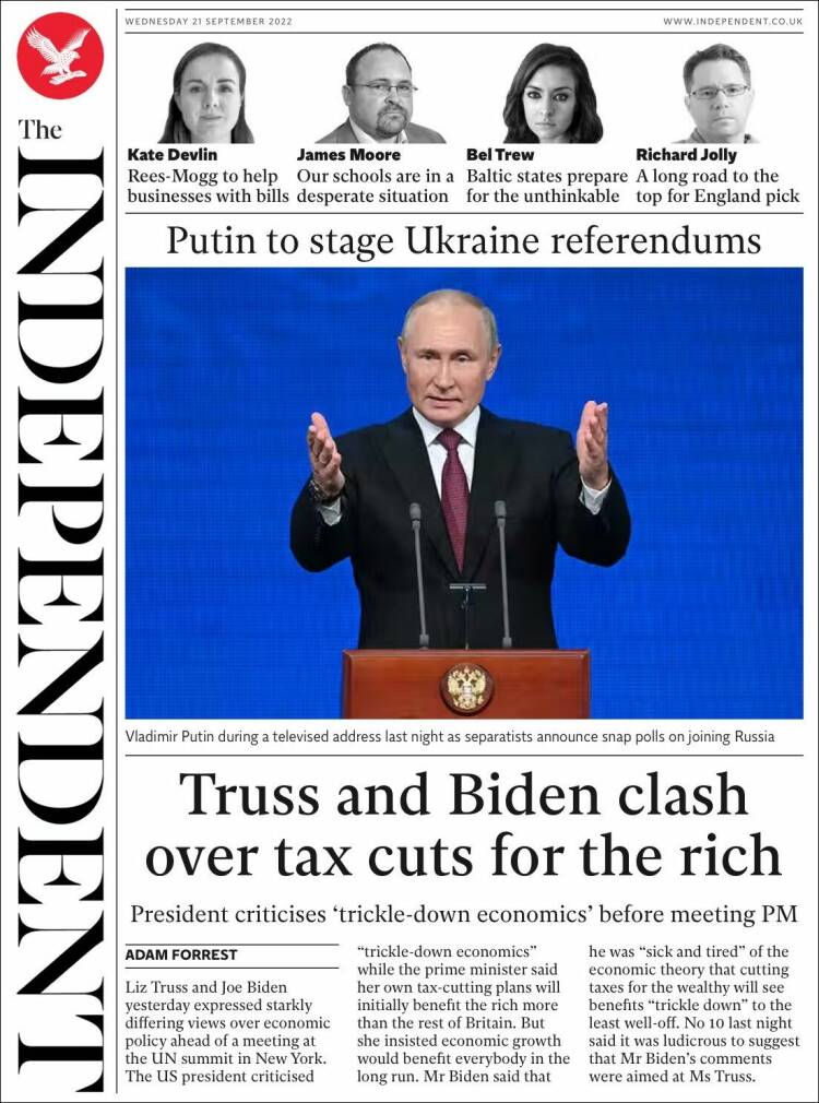 Portada de The Independent (Reino Unido)