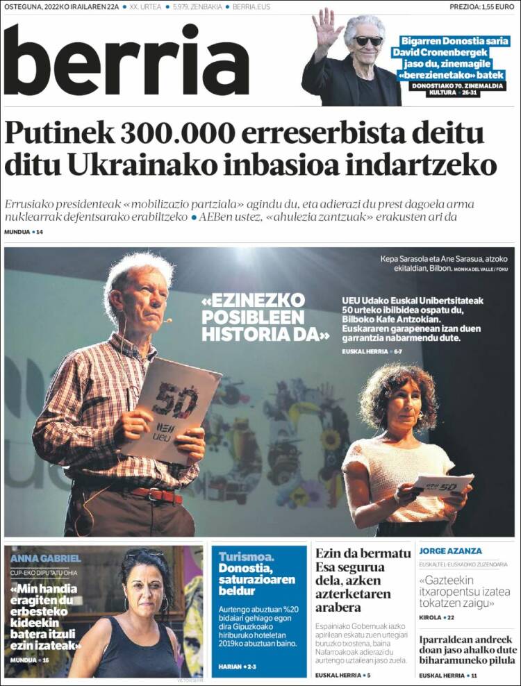 Portada de Berria (Espagne)