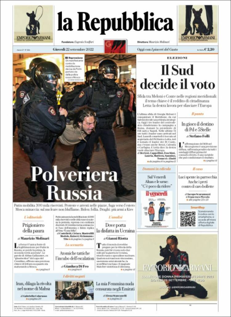 Portada de La Repubblica (Italia)