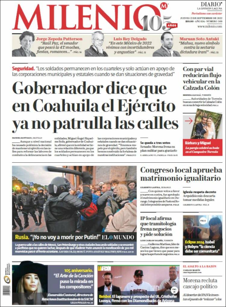 Portada de Milenio - Laguna (México)