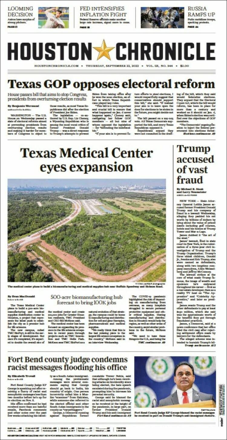 Portada de Houston Chronicle (USA)