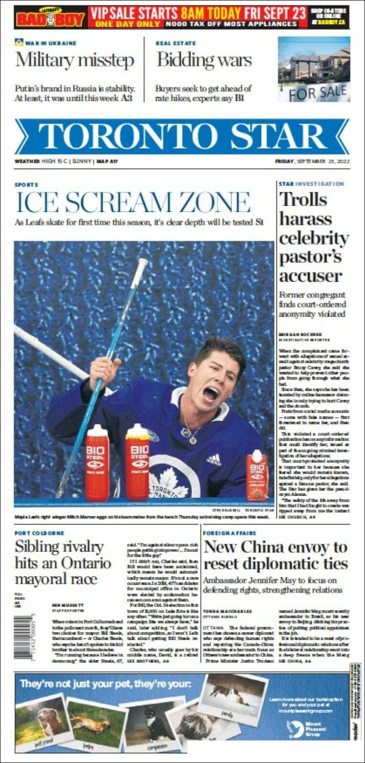 Portada de The Toronto Star (Canadá)