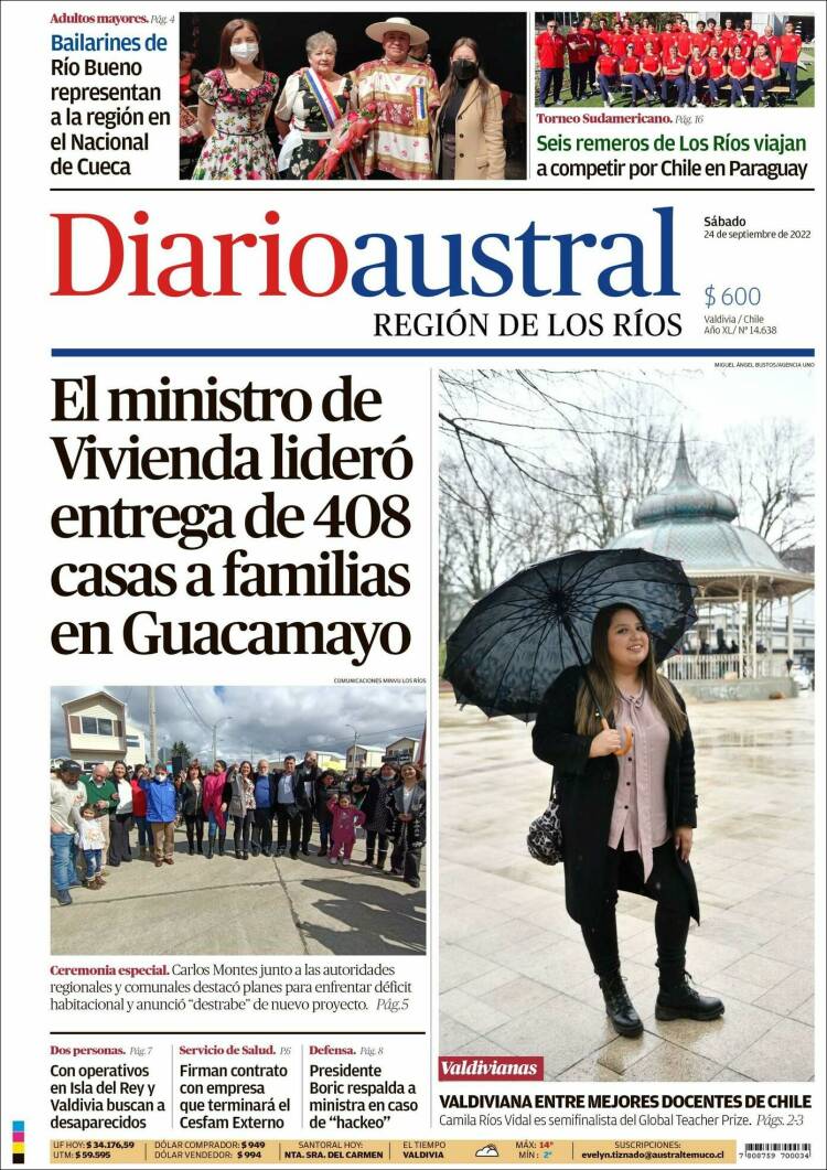 Portada de El Diario Austral de Valdivia (Chile)