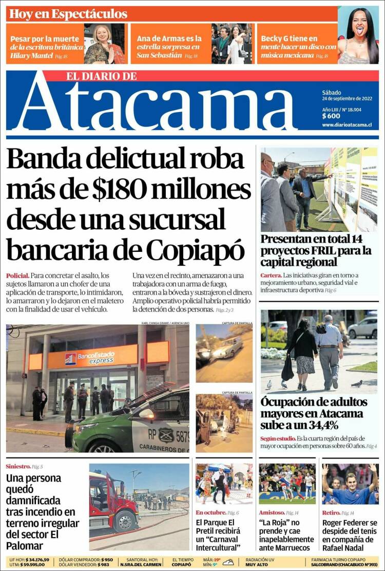 Portada de Diario de Atacama (Chile)