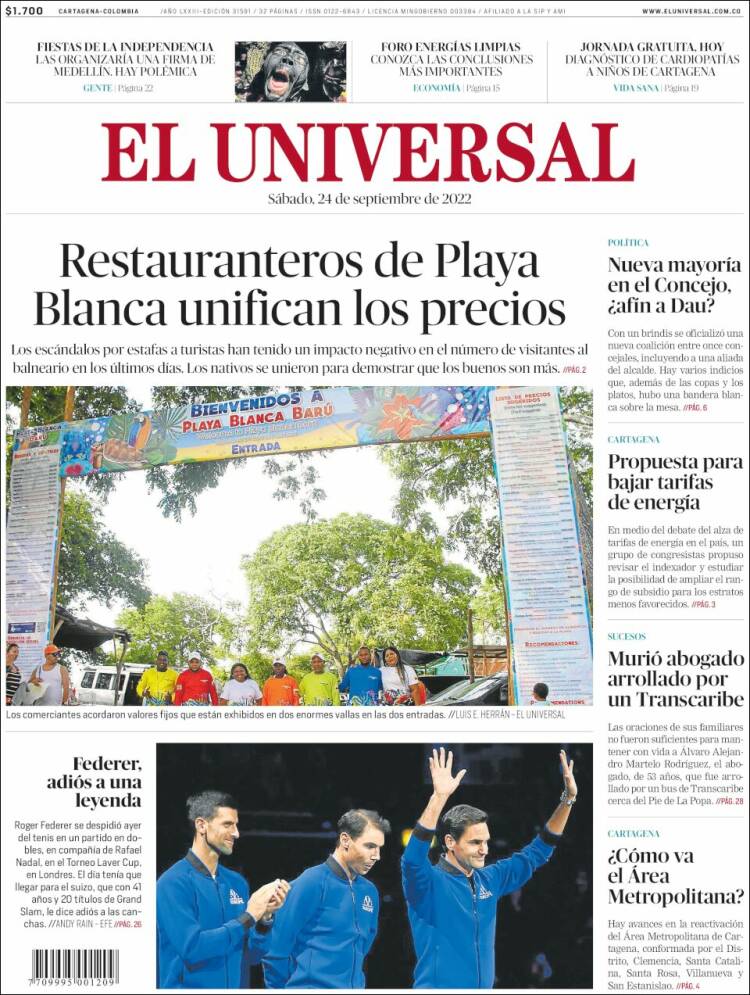 Portada de El Universal (Colombia)
