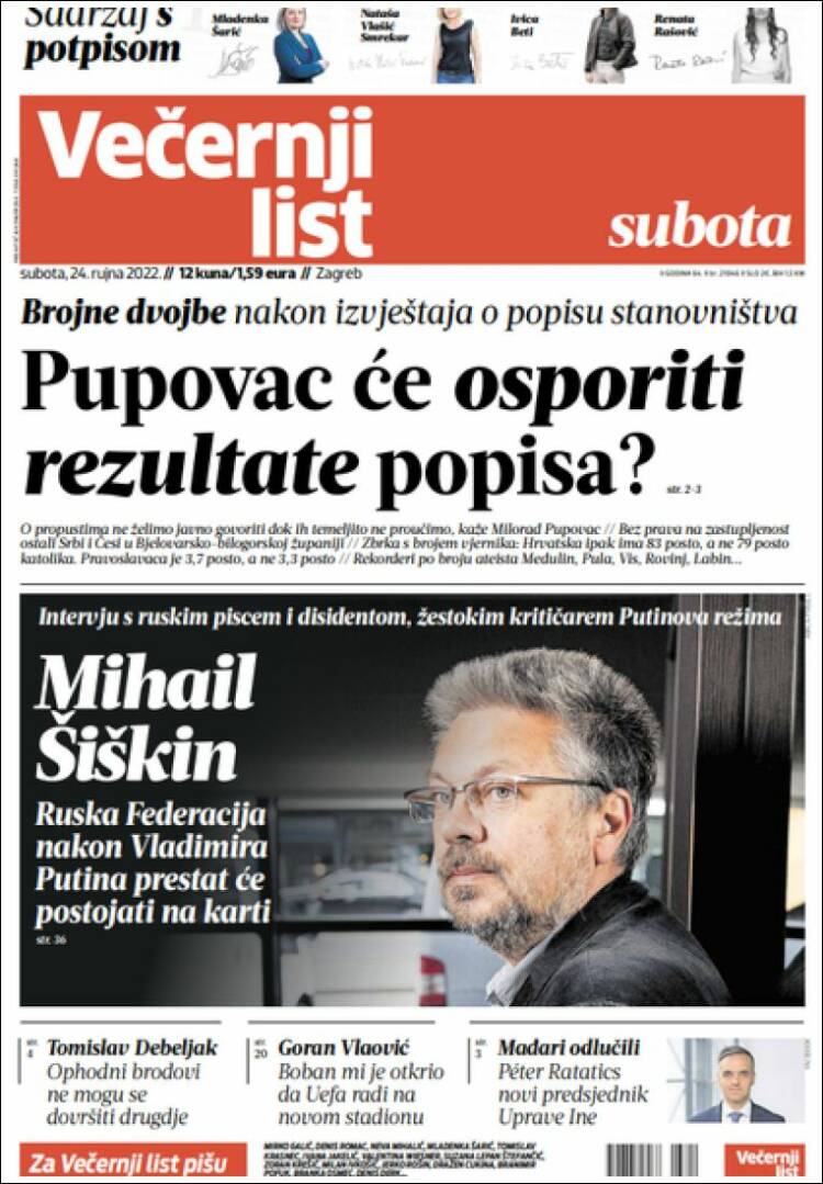 Portada de Večernji (Croacia)