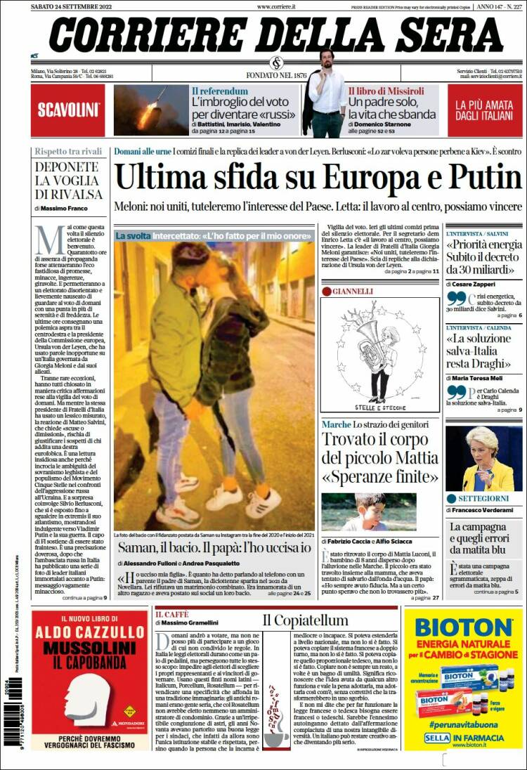 Portada de Corriere della Sera (Italia)