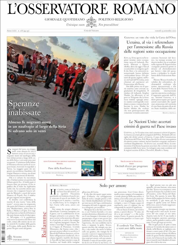 Portada de L'Osservatore Romano (Italia)