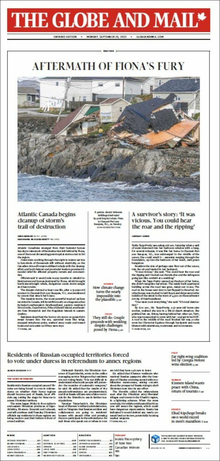 Portada de The Globe and Mail (Canadá)