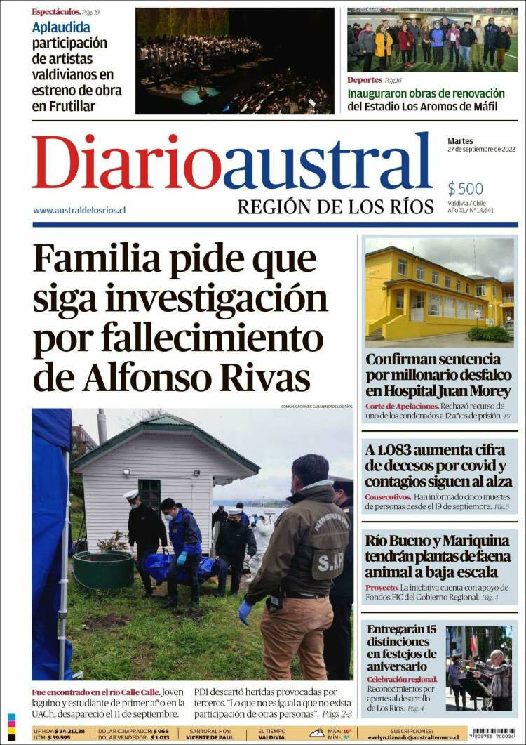 Portada de El Diario Austral de Valdivia (Chile)