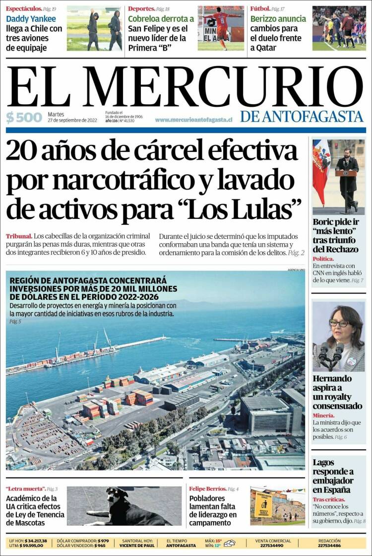 Portada de El Mercurio de Antofagasta (Chile)