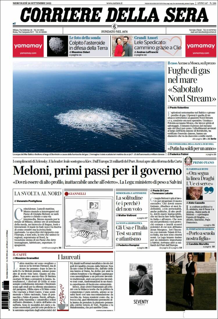 Portada de Corriere della Sera (Italia)