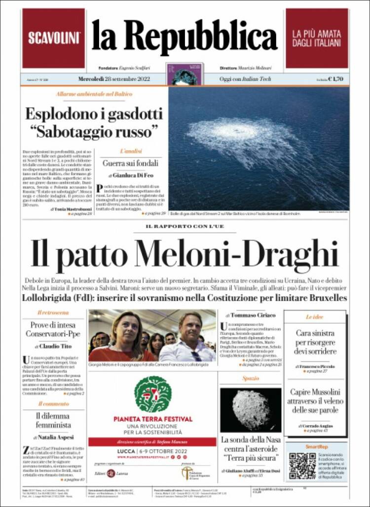 Portada de La Repubblica (Italia)