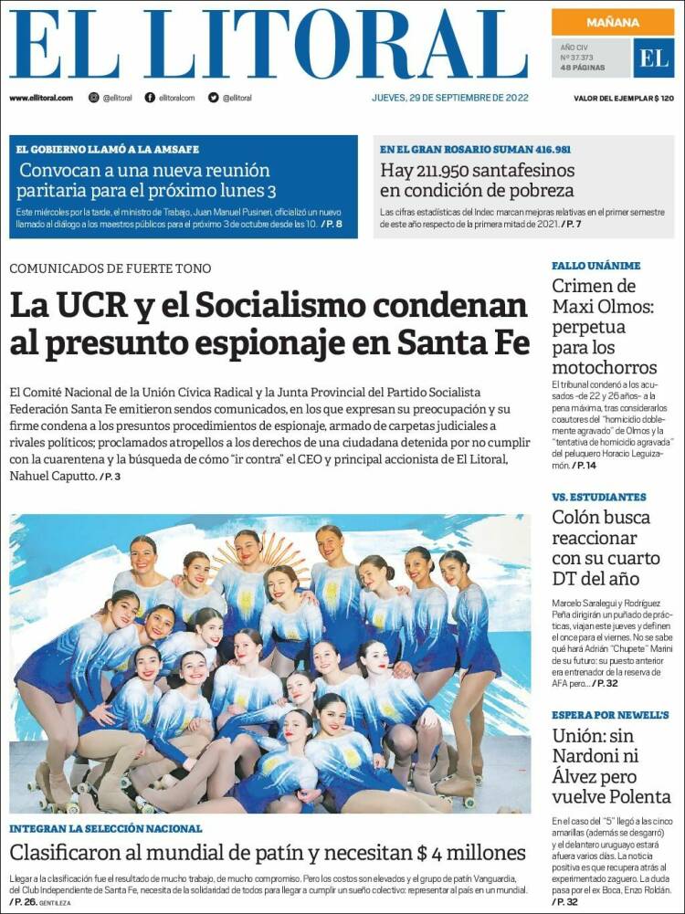 Portada de Diario El Litoral (Argentina)