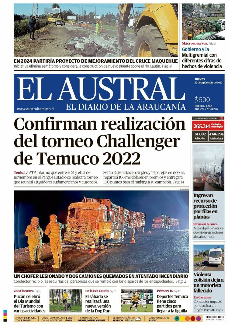 Portada de El Austral de Temuco (Chile)