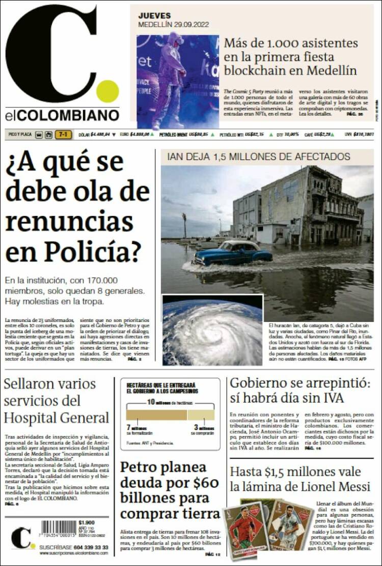 Portada de El Colombiano (Colombia)