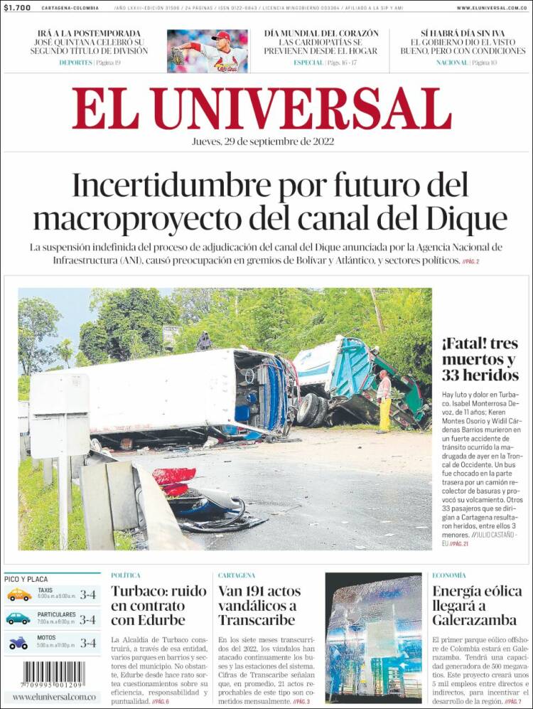Portada de El Universal (Colombia)
