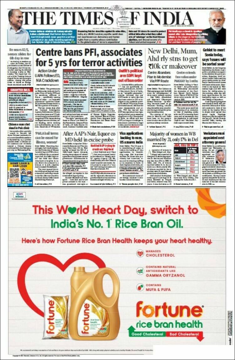 Portada de The Times of India (India)