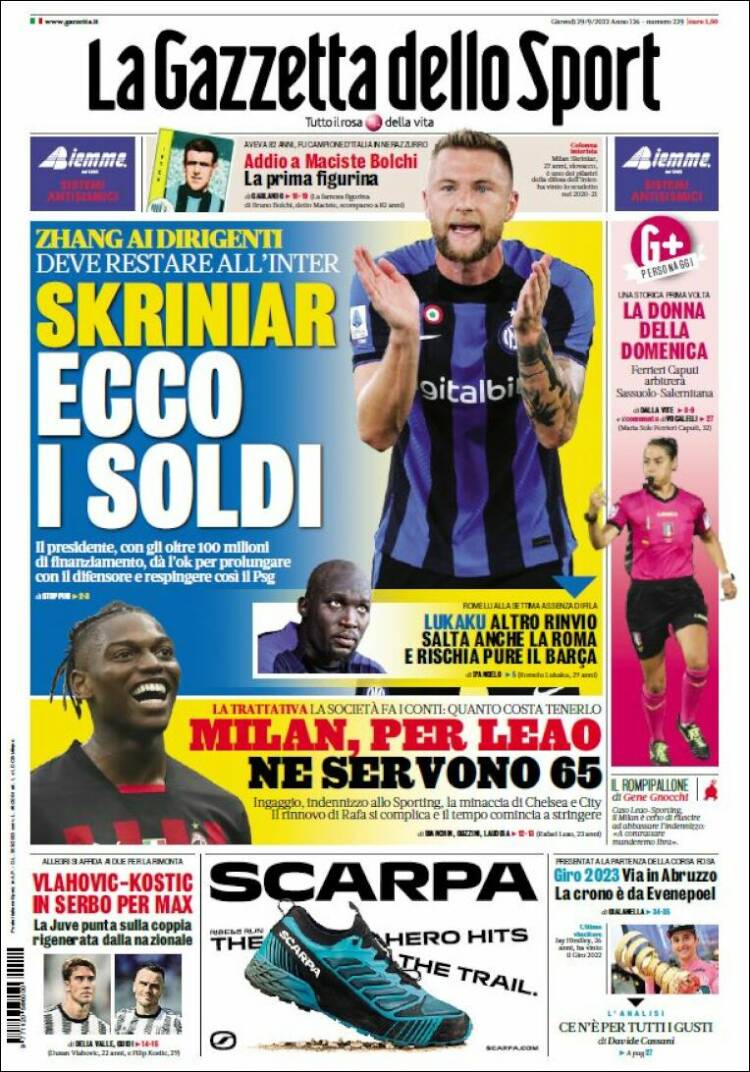 Portada de La Gazzetta dello Sport (Italia)