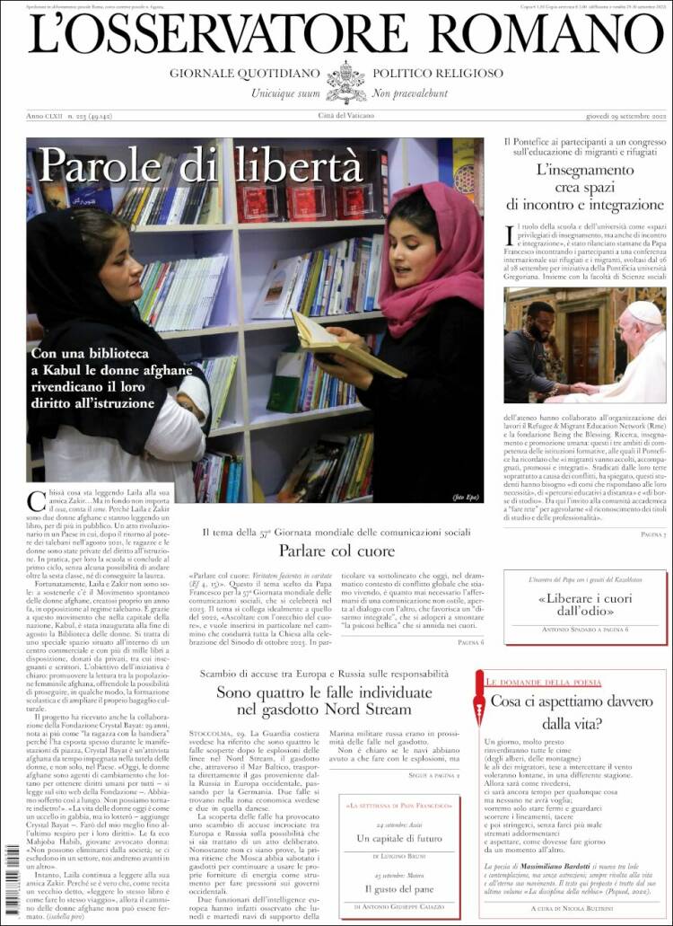 Portada de L'Osservatore Romano (Italia)