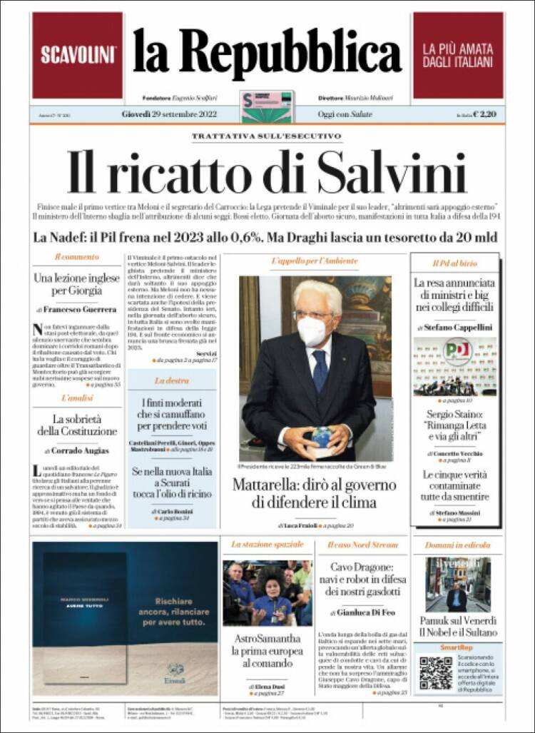 Portada de La Repubblica (Italia)