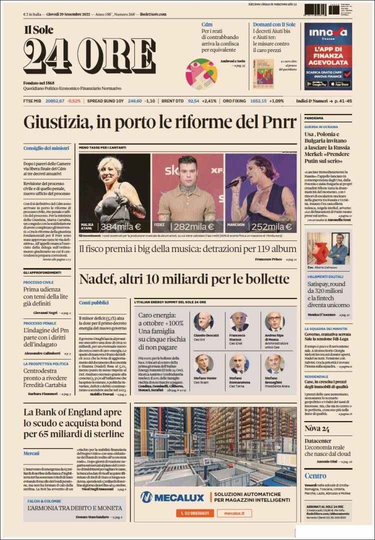 Portada de Il Sole 24 ORE (Italia)