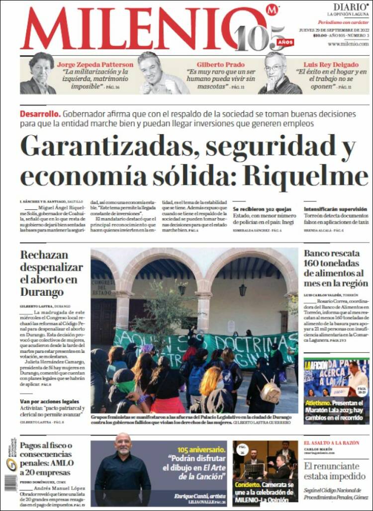 Portada de Milenio - Laguna (México)