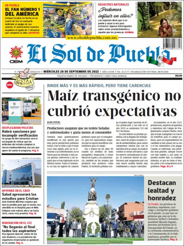 Portada de El Sol de Puebla (México)