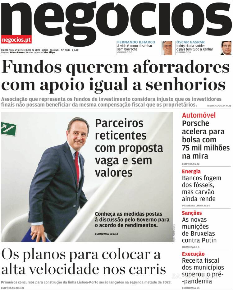 Portada de Jornal de Negócios (Portugal)