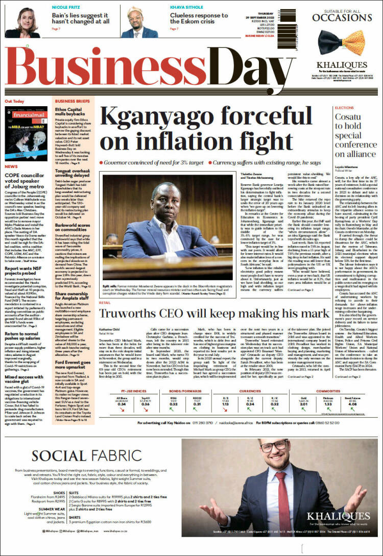 Portada de Business Day (Sud&aacute;frica)