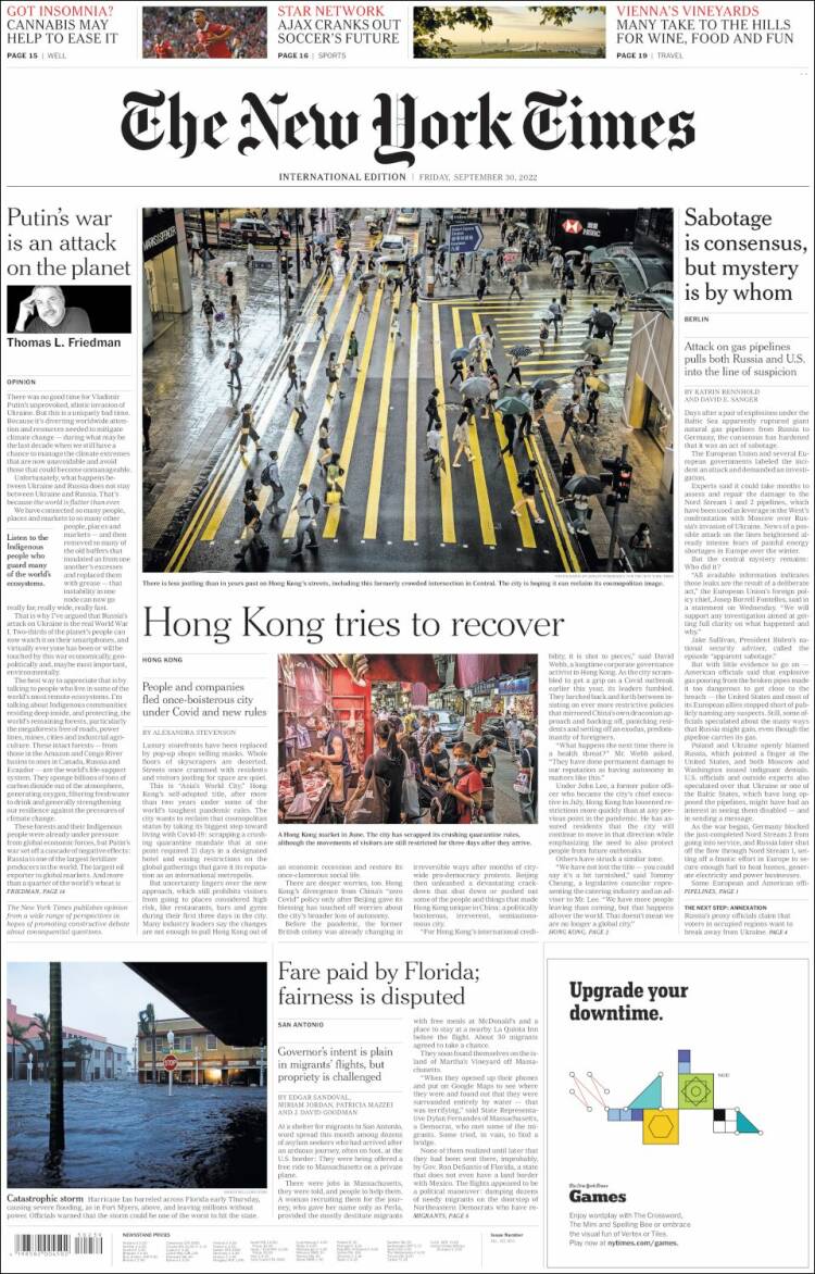 Portada de International New York Times (Europa)