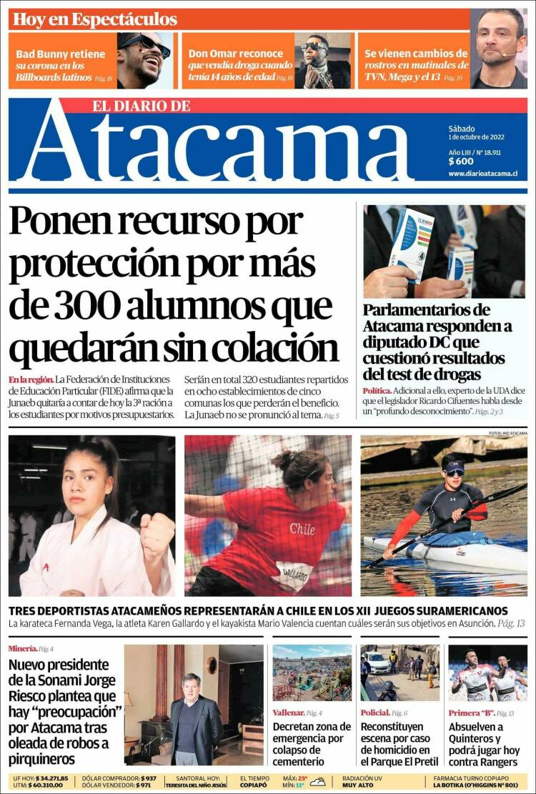 Portada de Diario de Atacama (Chile)