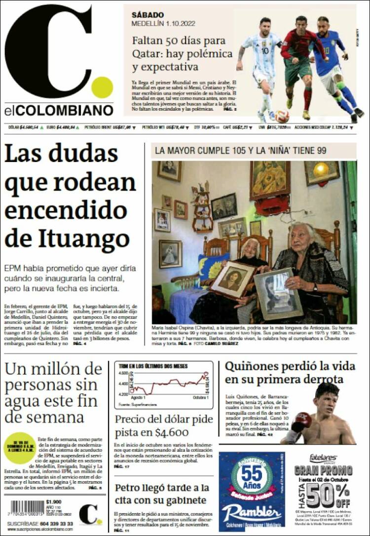 Portada de El Colombiano (Colombia)