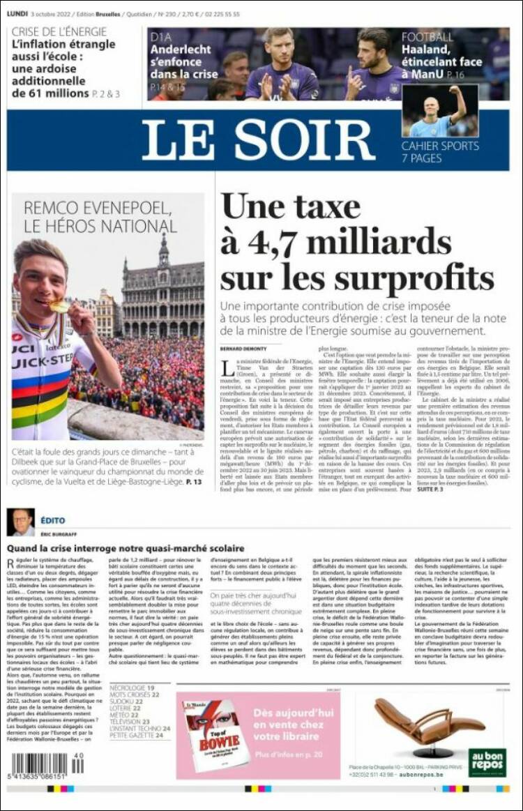 Portada de Le Soir (B&eacute;lgica)