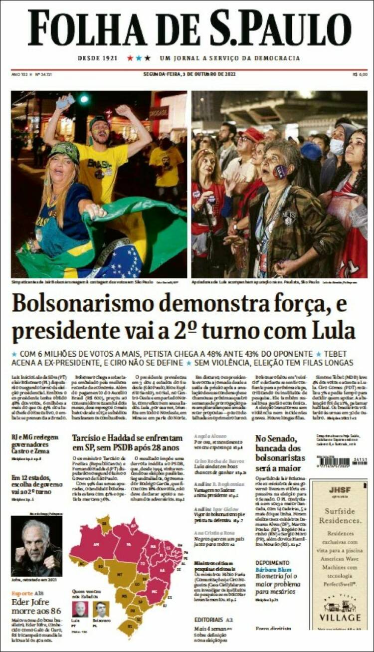 Periódico Folha De São Paulo Brasil Periódicos De Brasil Edición De Lunes 3 De Octubre De 9090