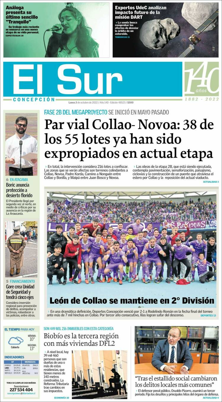 Portada de El Sur (Chile)