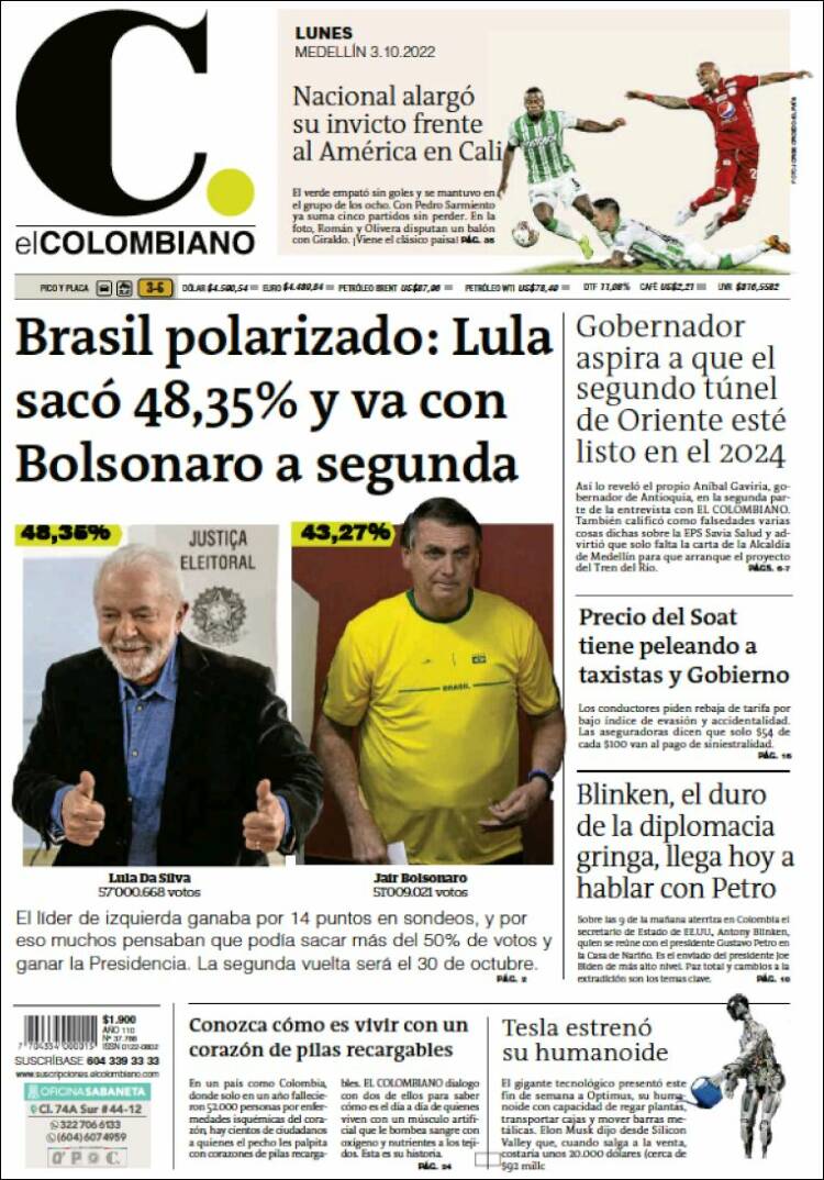 Portada de El Colombiano (Colombia)