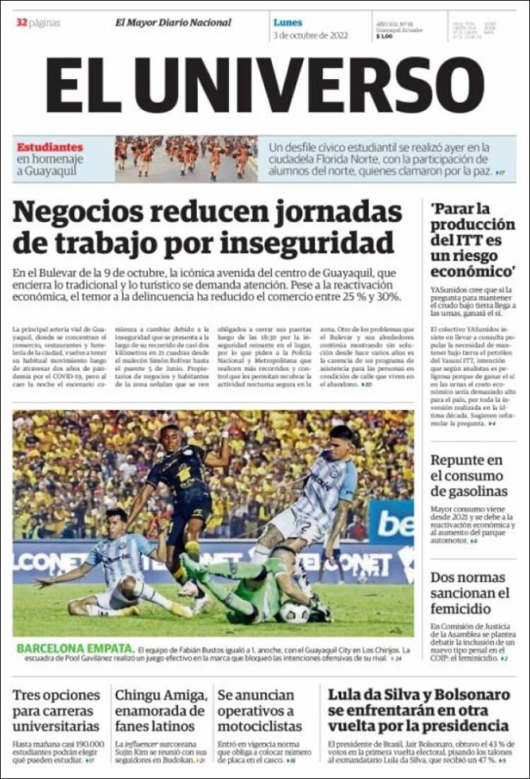 Portada de El Universo - Ecuador (Ecuador)