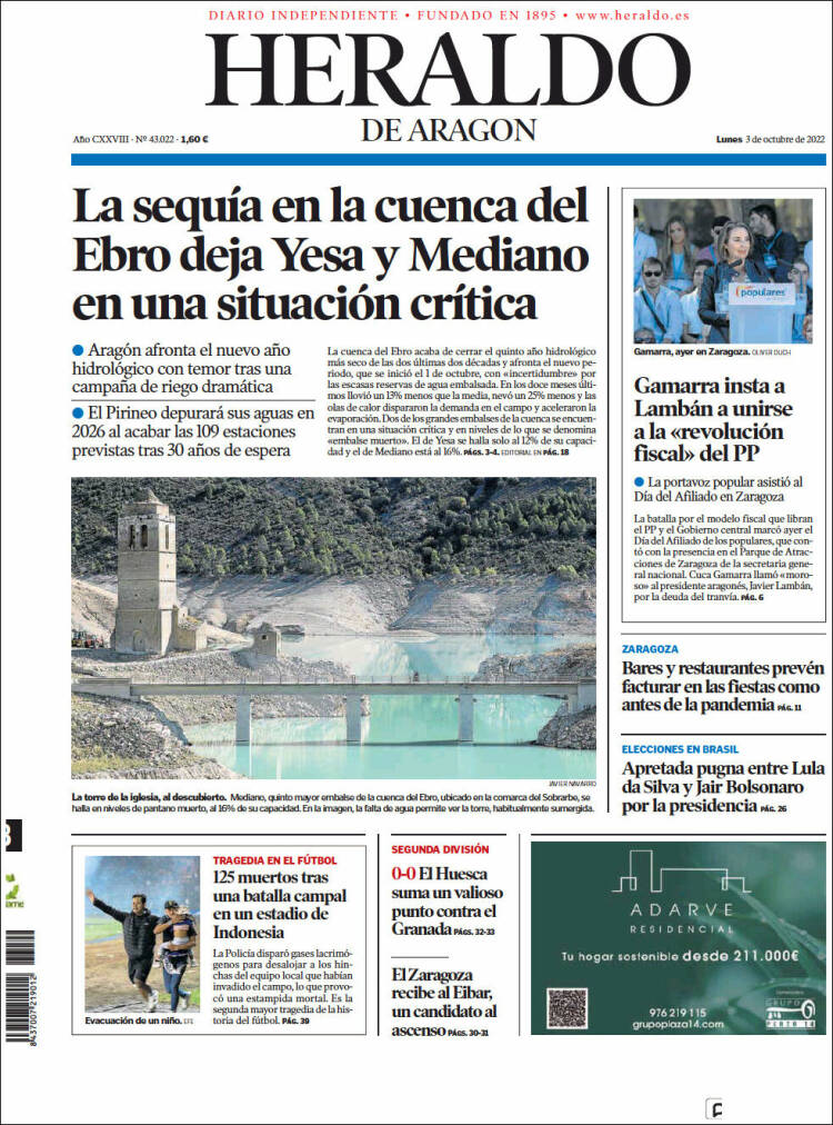 Portada de Heraldo de Aragón (España)