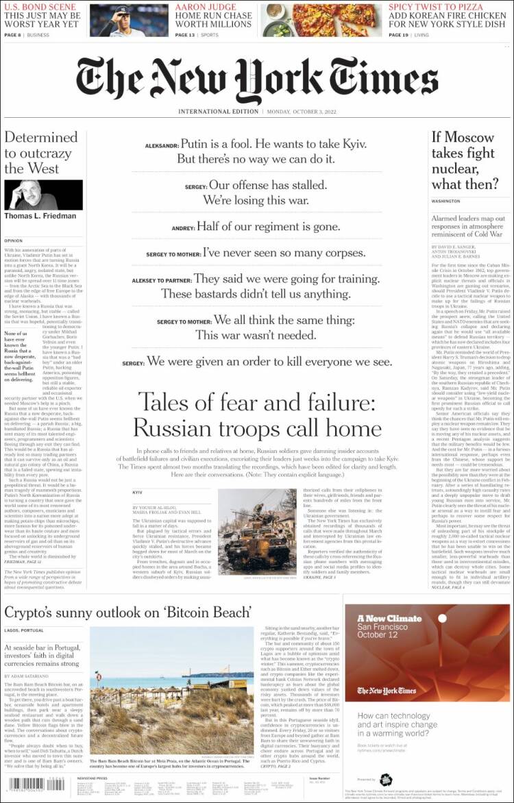 Portada de International New York Times (Europa)